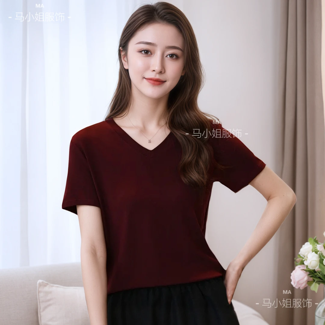 夏季时尚冰氧棉V领纯色上衣女士简约百搭显瘦洋气休闲宽松短袖T恤