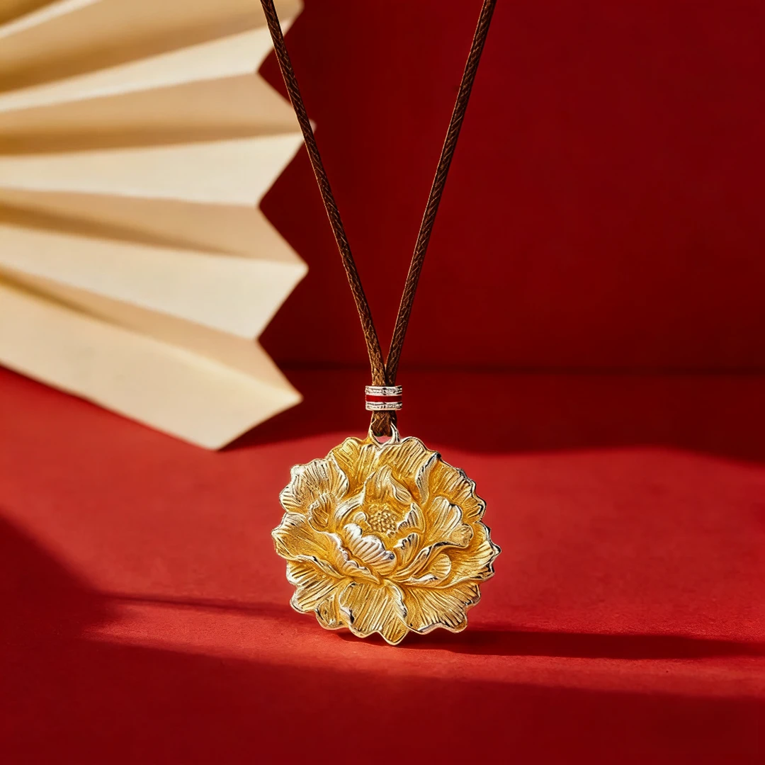 （999.9银）描金色牡丹花吊坠-XL43