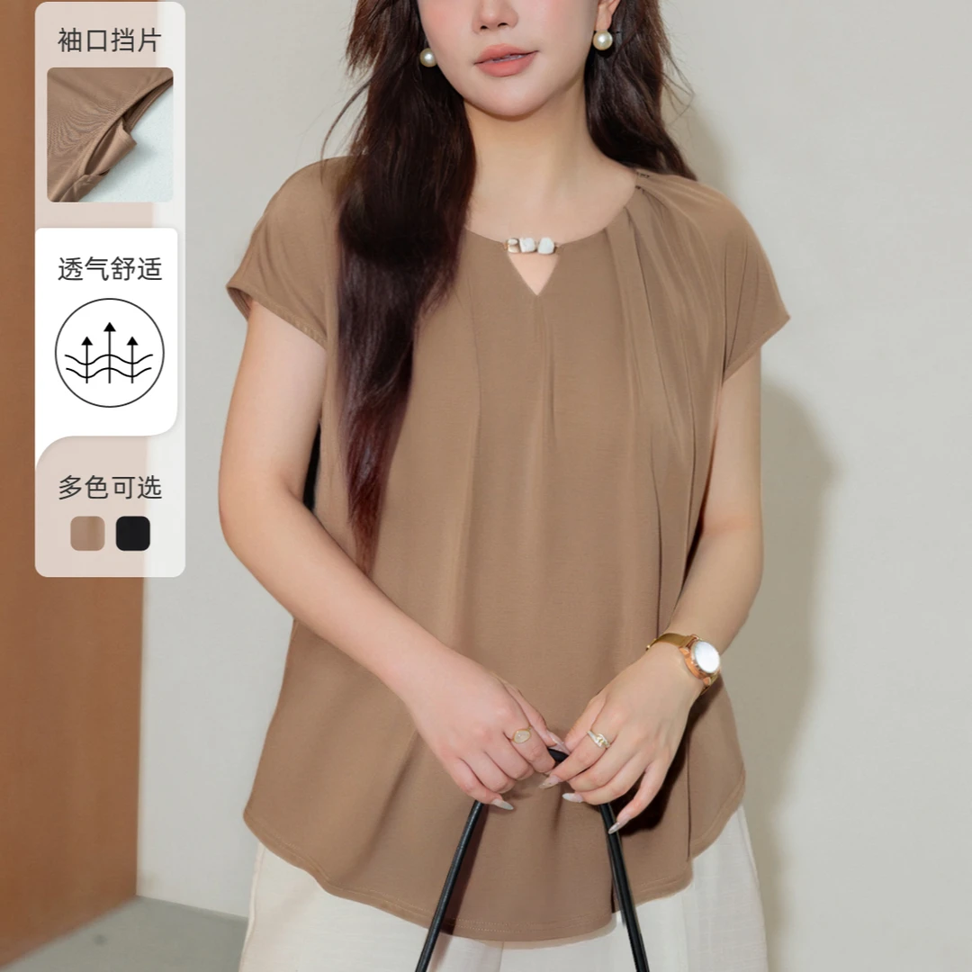 【法韵舒风-凉爽莫代尔】MsShe大码女装夏串珠褶皱短袖T恤B2505049