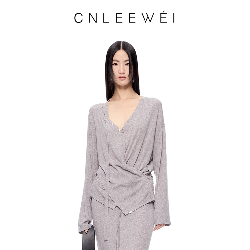 CNLEEWEI2025夏季新款多种穿法宽松针织V领长袖上衣