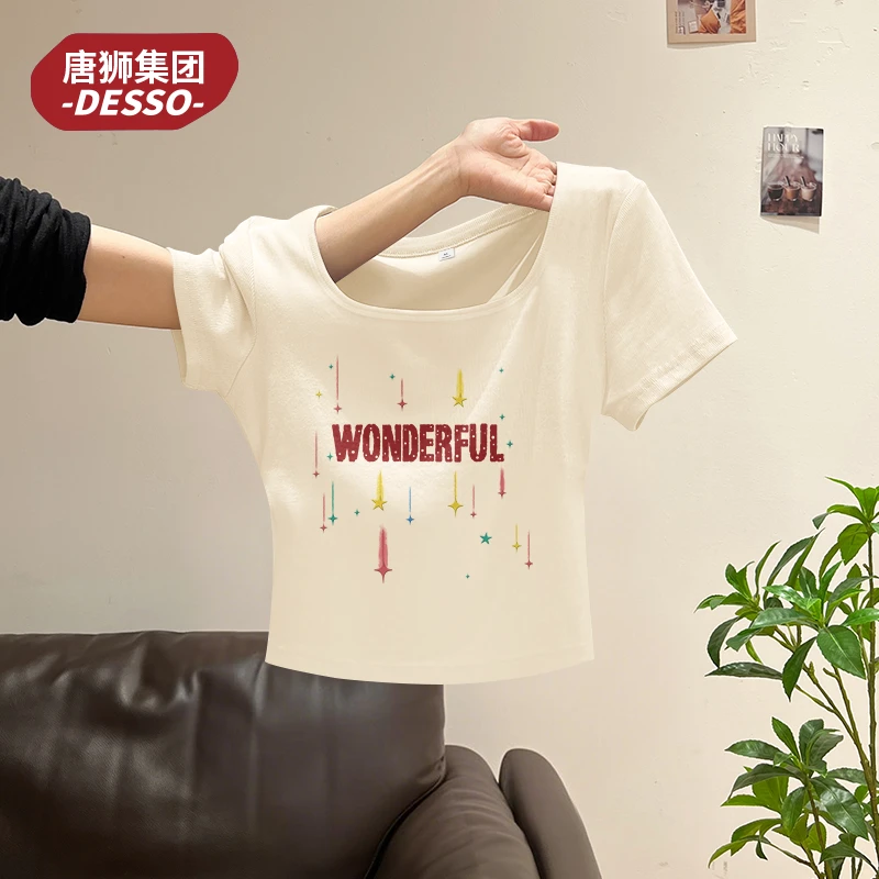 唐狮集团desso方领T恤女高腰显瘦透气百搭短袖2025夏季洋气衣服女