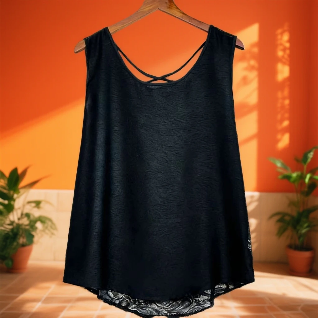 198黑色蕾丝交叉带大码宽松背心