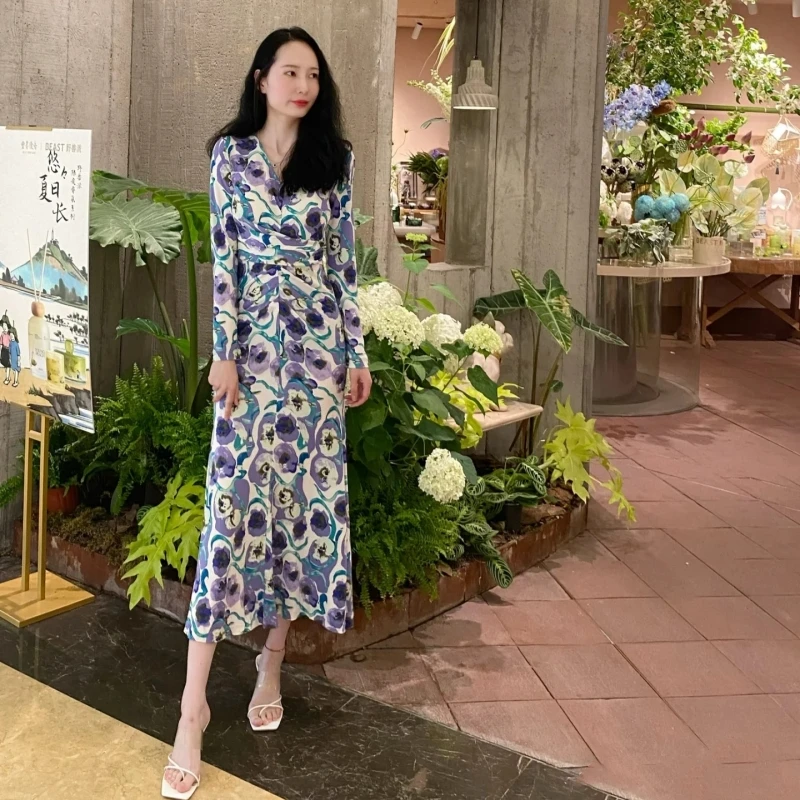 女士外贸D家蓝绿水墨印花V领气质收腰显瘦裹身弹力中长连衣裙