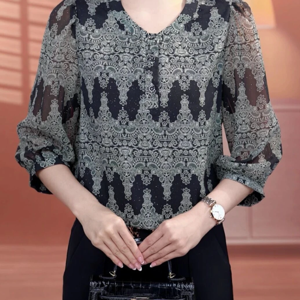 【洒银工艺】夏季新款七分袖冰丝衬衫宽松大码小衫胖mm显瘦薄款上衣