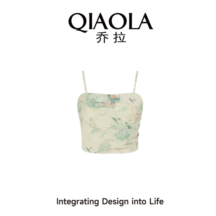 QIAOLA/乔拉【清予梦间】夏季梭织水墨画印花网纱国风复古吊带开衫