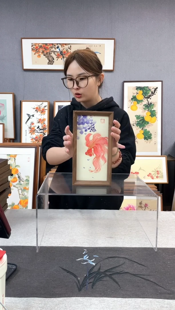 【闪购商品】国画手写手绘带框作品-16*29-紫藤鱼