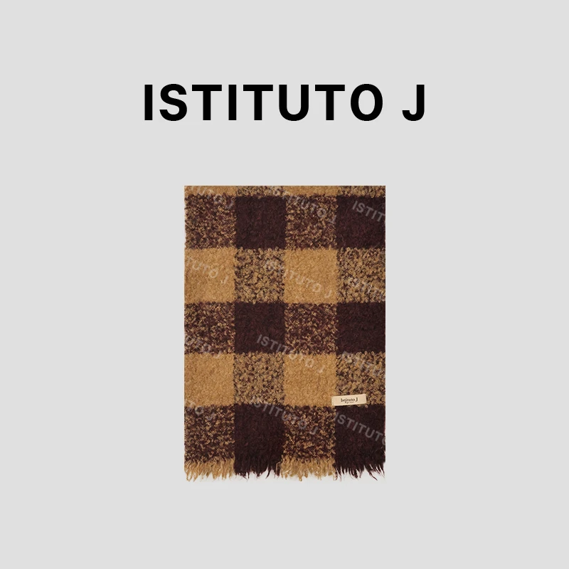 ISTITUTO J冬季百搭高羊毛水洗时尚百搭保暖格子泰迪绒围巾