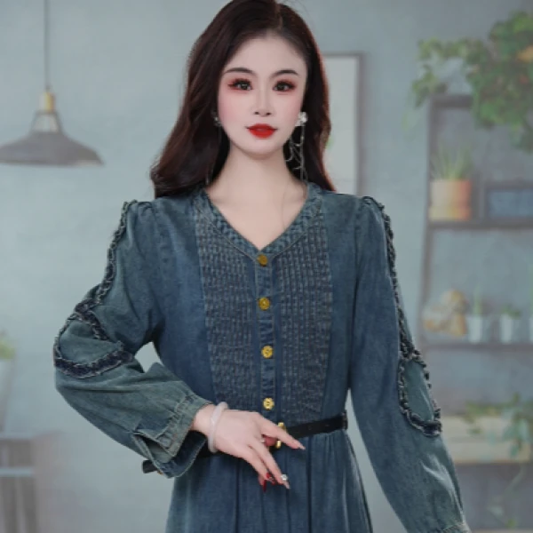 气质掐腰显瘦减龄牛仔秋季连衣裙M-4XL