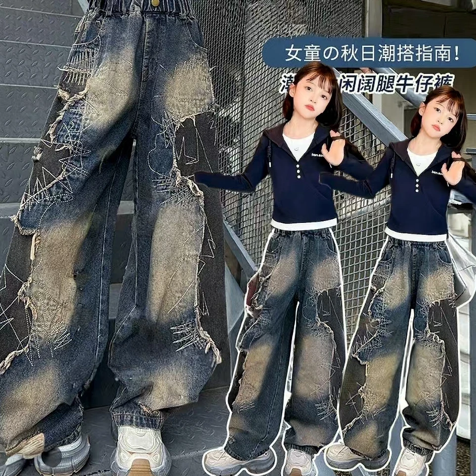 女童秋装韩系连帽假两件套长袖T恤时髦洋气儿童潮流牛仔套装