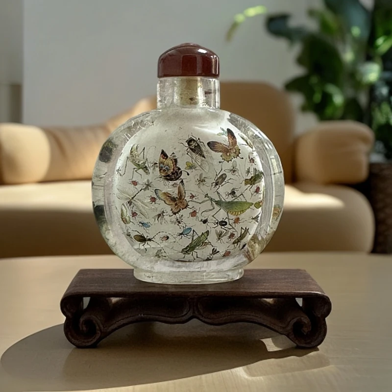 宫廷匠人天然水晶内画鼻烟壶壶蝴蝶花草虫图纯手绘工艺收藏件礼品