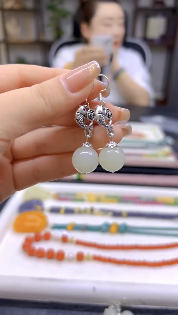 和田玉（白玉）银S925镶嵌耳饰DIY款E783