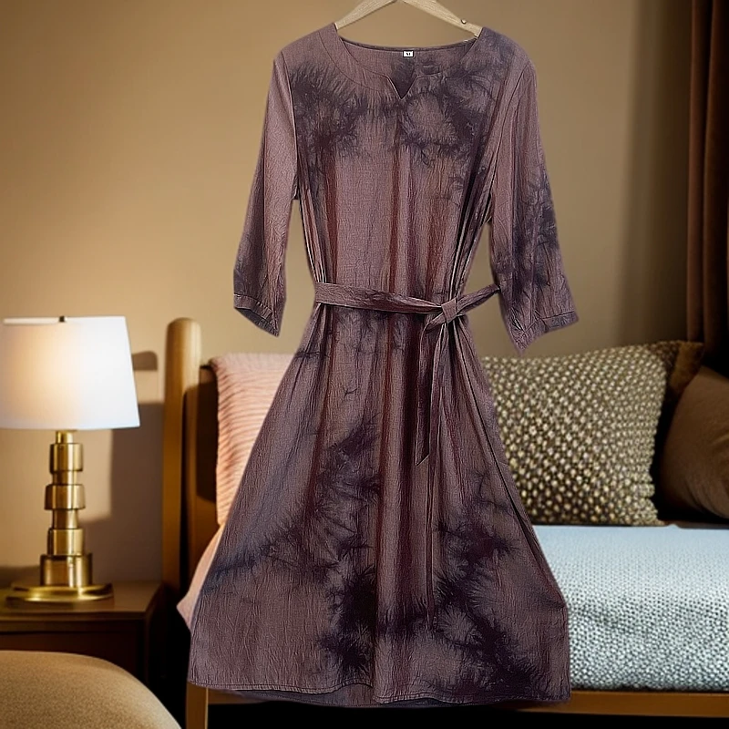 0848墨染紫透气裙子妈妈装高贵新款妈妈装洋气收腰时尚休闲