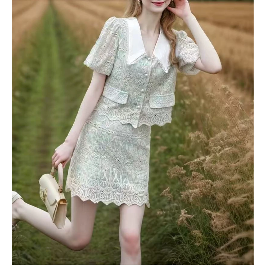 高级感小香风蕾丝刺绣套装裙女2025夏季新款小个子衬衫短袖两件套