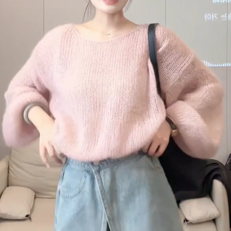 韩系慵懒感灯笼袖宽松显瘦套头毛针织上衣LK2507875