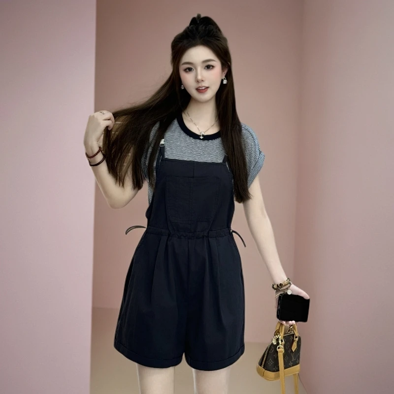 宿慕SUMU条纹短袖T恤＋背带短裤套装2025新款夏季休闲两件套女装