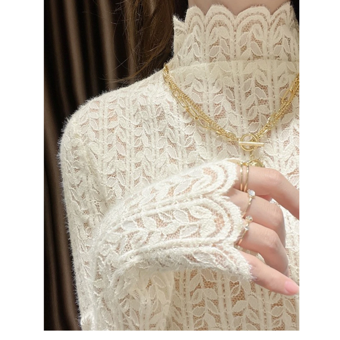 韩版提花蕾丝打底衫毛衣女秋冬新款洋气时尚时髦加绒别致小衫上衣