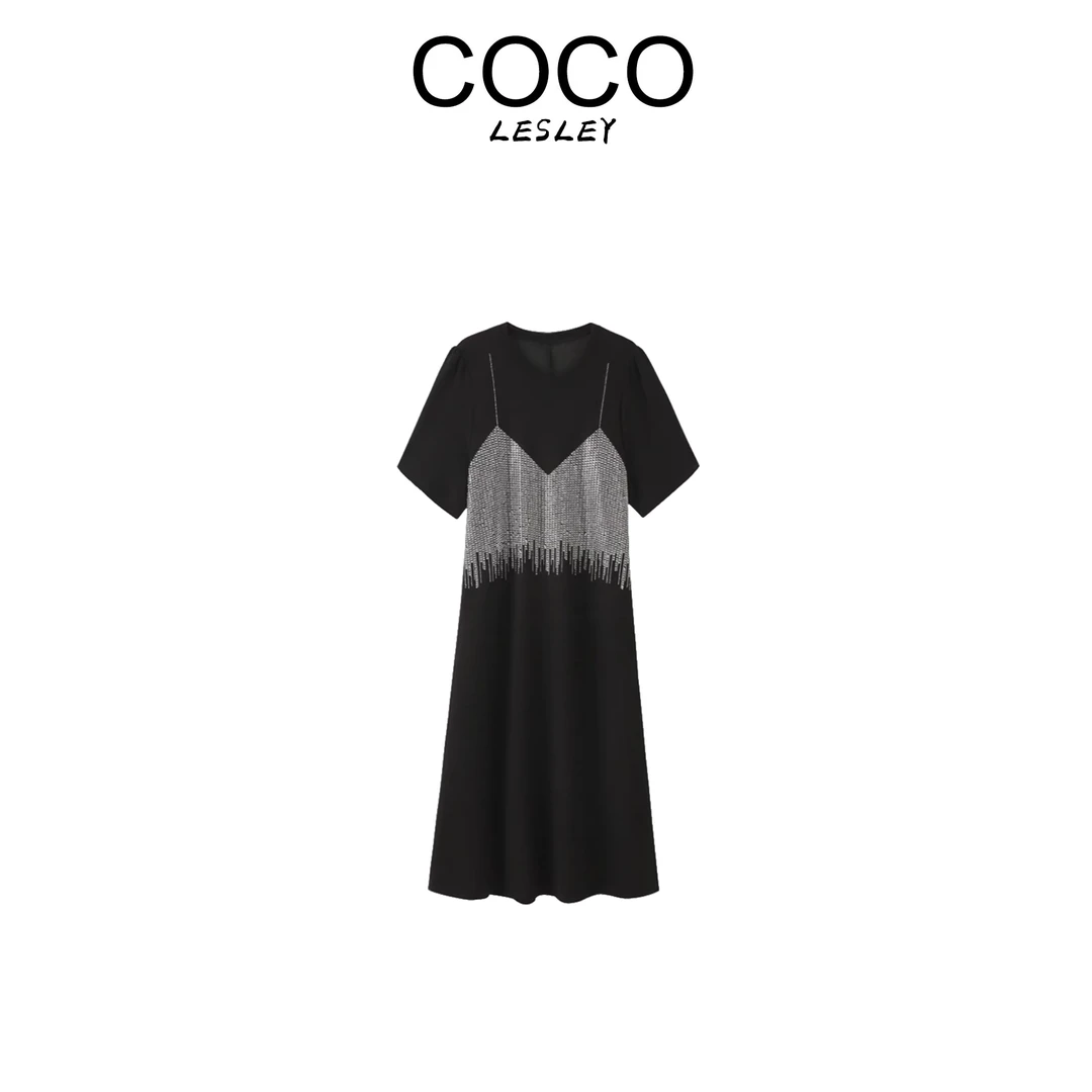 【COCO LESLEY】高级感假两件亮钻流苏开叉短袖连衣裙msl339