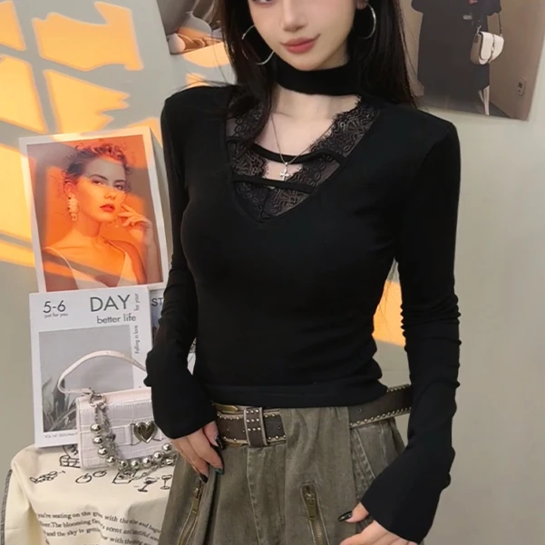 2025加绒秋冬性感辣妹风内搭长袖T恤V领蕾丝花边挂脖打底衫女1064