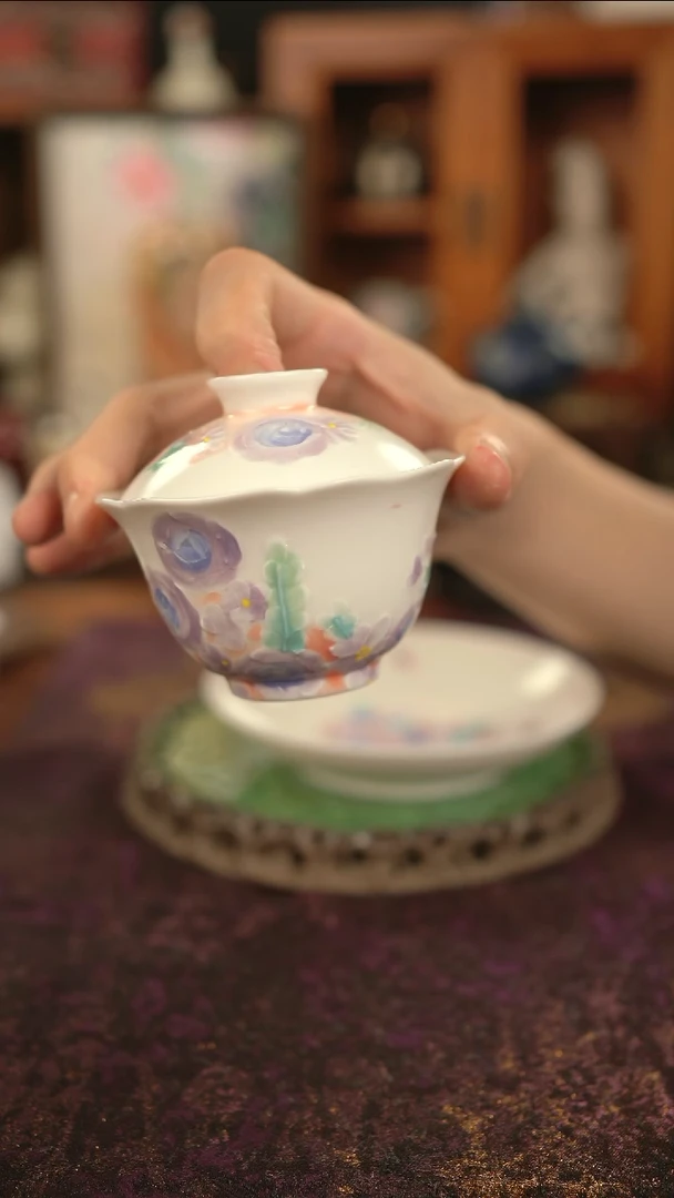 摩吉陶陶闪拍链接 手绘玫瑰盖碗