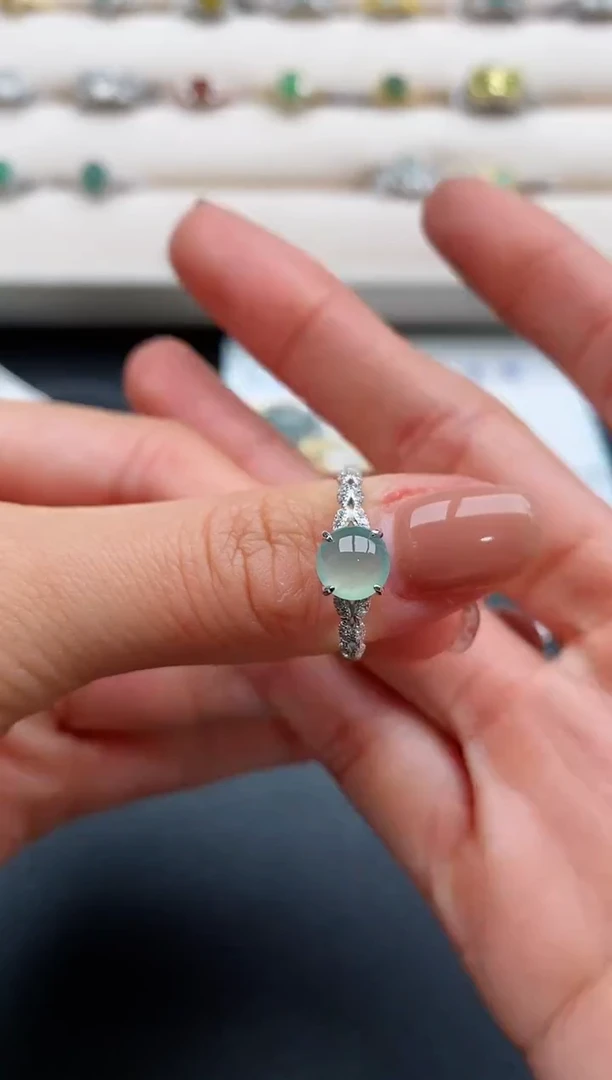 银S925镶嵌戒指翡翠天然缅甸A货翡翠33  8-