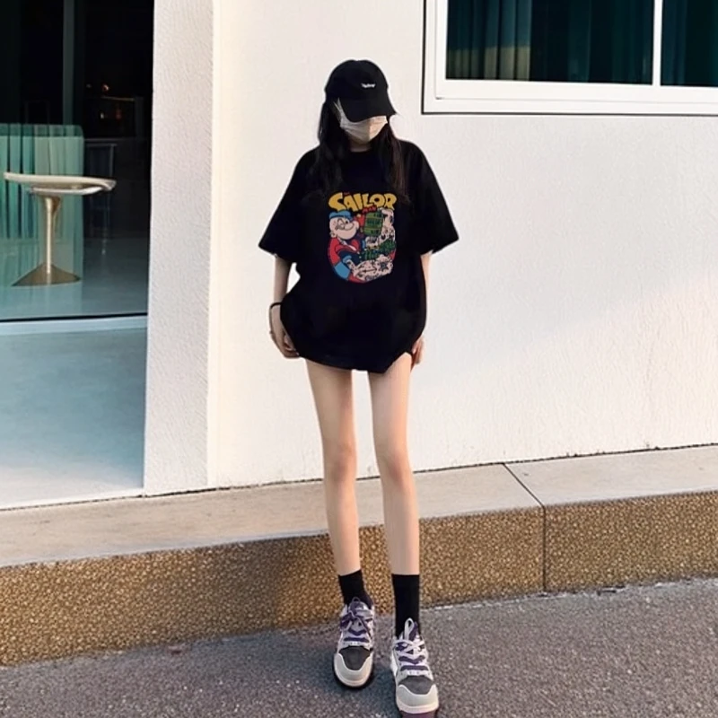 2025夏季潮牌大力水手印花中长款短袖T恤女新款宽松百搭显瘦上衣