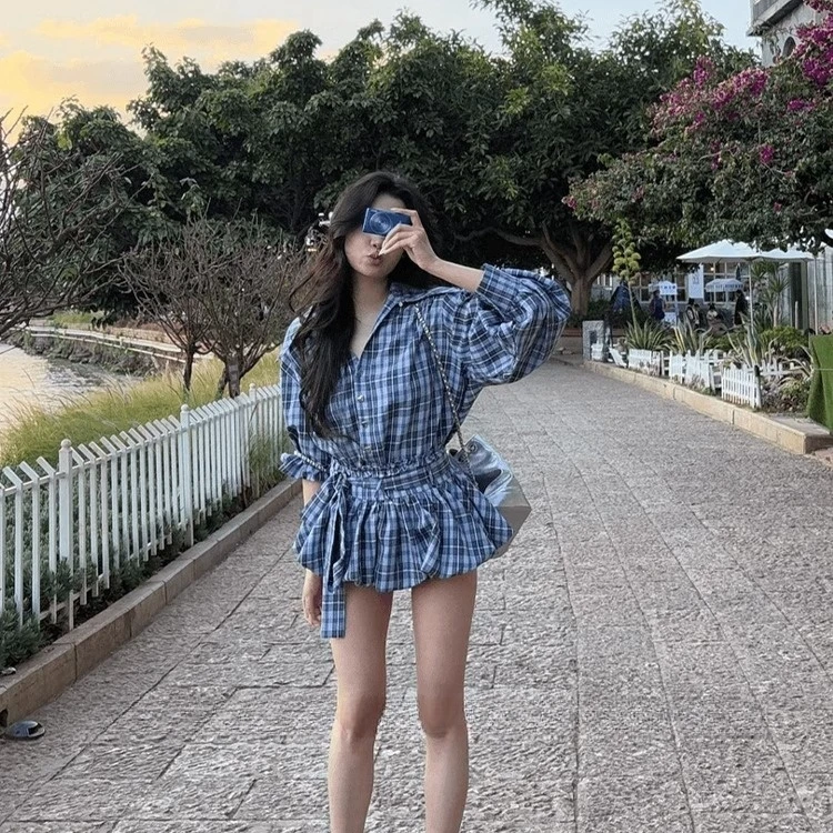 【甜心辣妹】蓝调纯欲复古格纹衬衫裙裤套装女春夏季甜辣显瘦两件套
