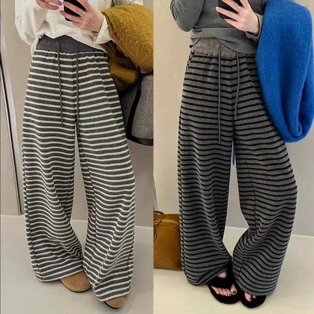 撞色条纹阔腿裤女2025春季宽松慵懒感休闲裤高腰垂感显瘦拖地长裤