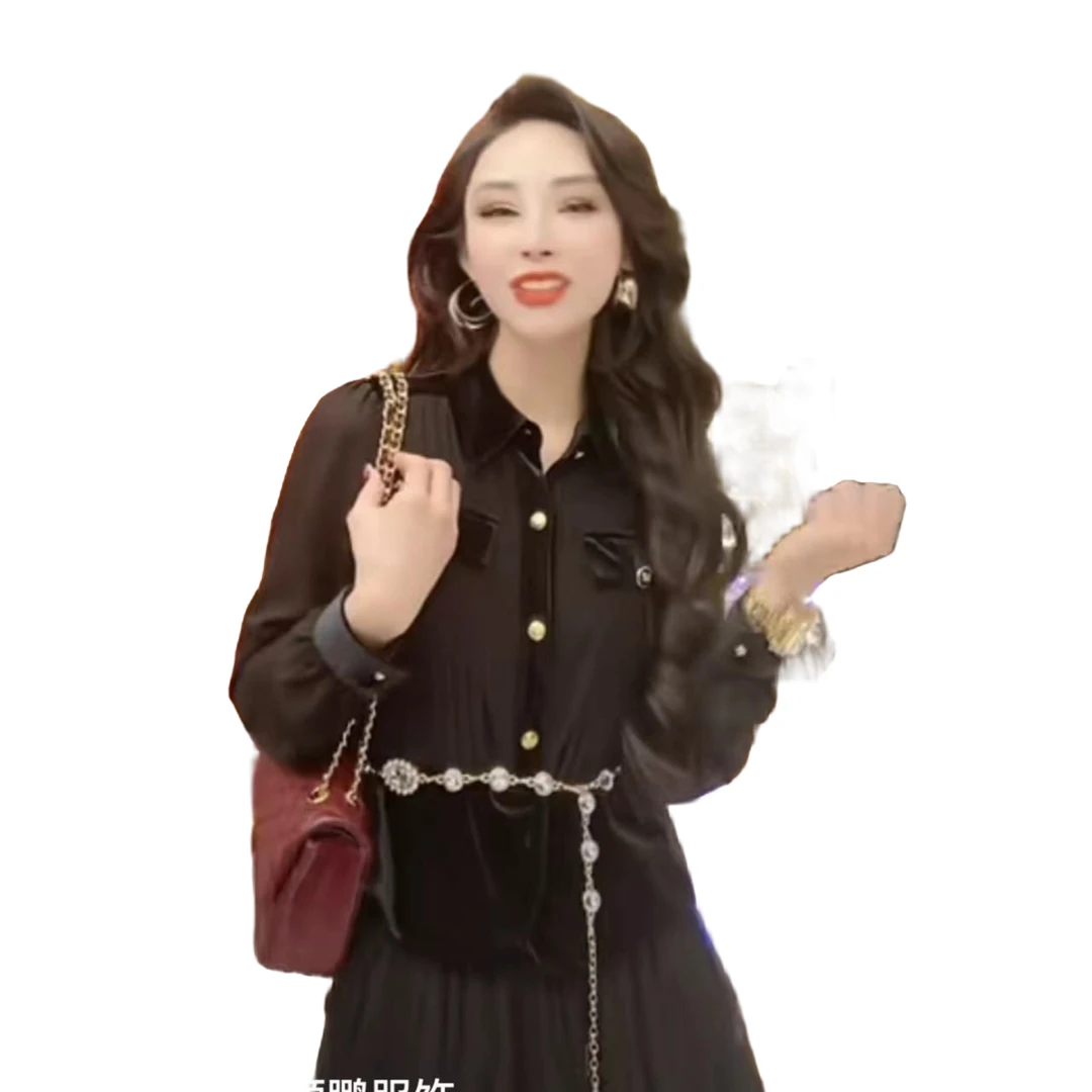 芳子定制秋季时尚气质百搭收腰显瘦拼接丝绒衬衫上衣衬衣ML689