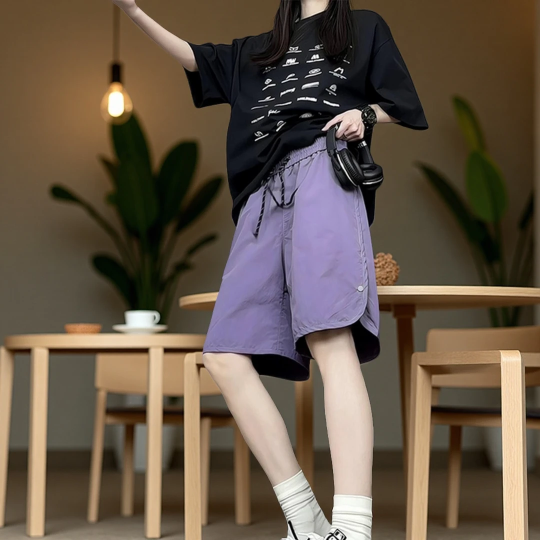 夏季速干休闲运动短裤男女同款宽松大码排扣潮牌透气薄款五分裤子