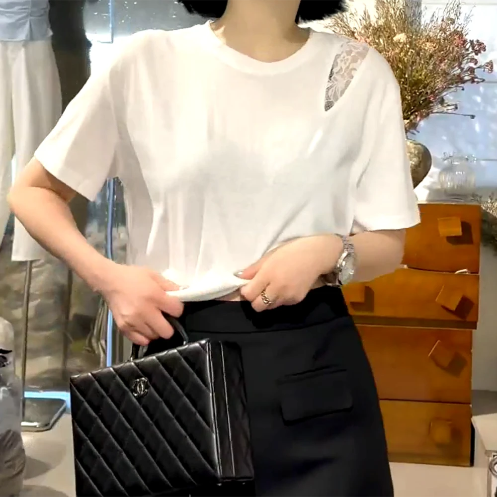 2025新款小众设计圆领镂空蕾丝拼接短袖T恤上衣百搭时尚