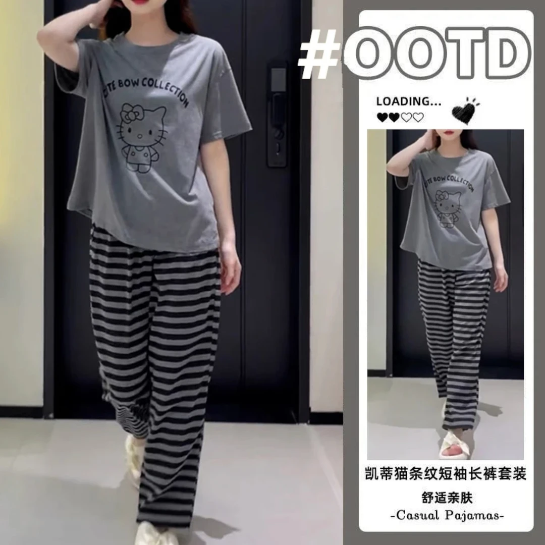芯语婷夏季新款KT猫带胸垫睡衣女短袖长裤套装灰色系休闲家居服