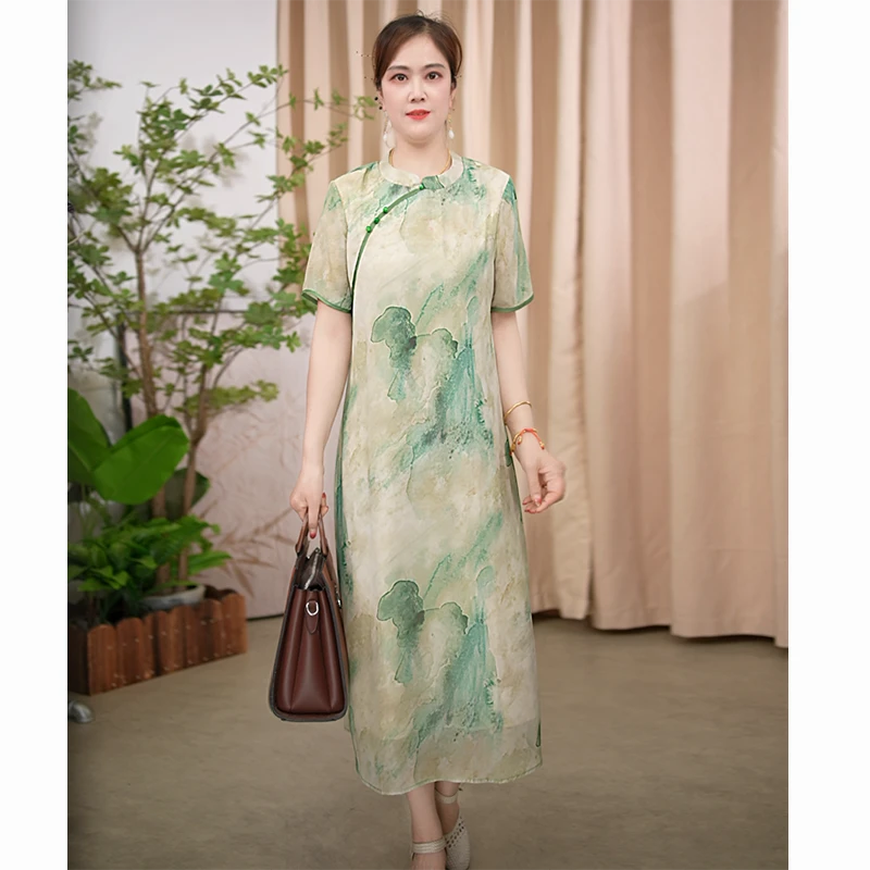 夏季新大码女文艺气质高端珠扣印花短袖内衬中长款连衣裙减龄款