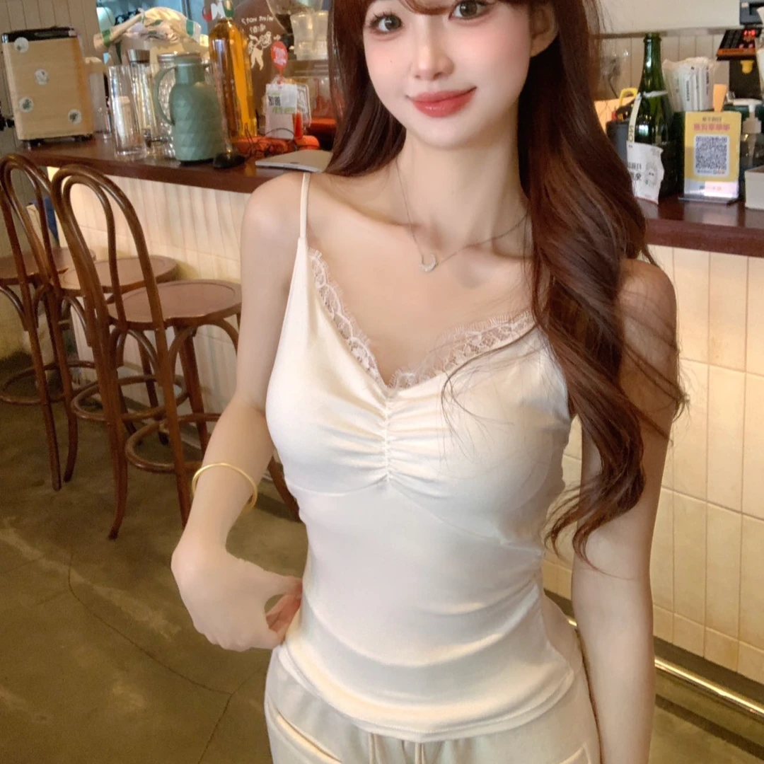 蕾丝褶皱美背吊带固定一体背心女内搭性感内衣外穿打底衫上衣