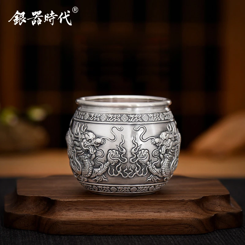 银器时代 银杯子999足银茶杯祥龙献瑞百福双层随身杯品茗杯主人杯