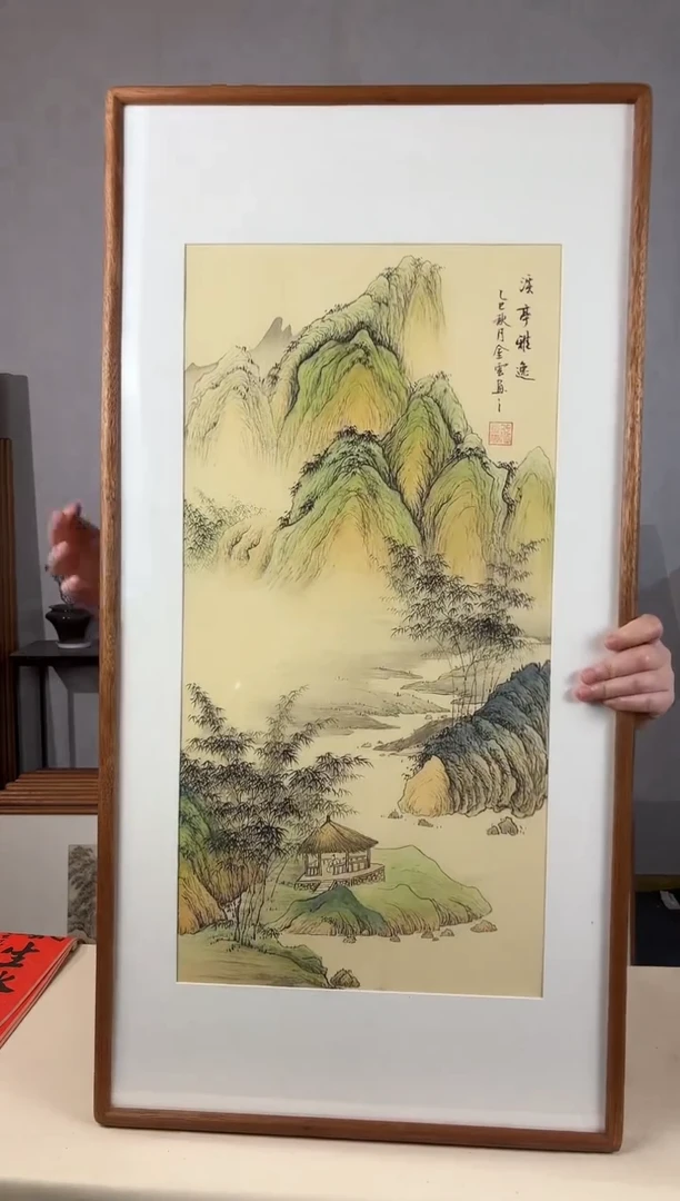 国画手绘*溪亭雅逸47*92cm*原木色木框