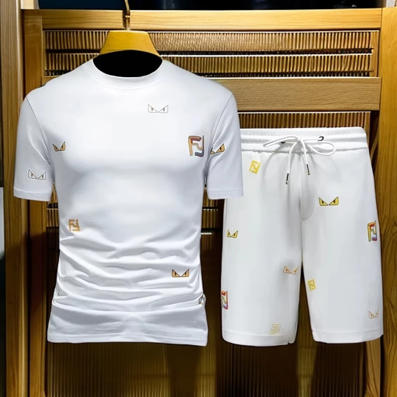 维斯克纳时尚印花短袖t恤套装男两件套运动休闲潮流短裤夏季薄款