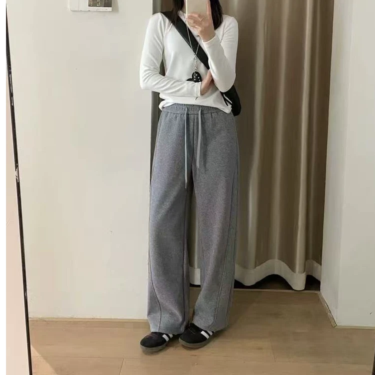 968冬季加绒侧缝拼接女窄版直筒阔腿裤休闲卫裤长裤