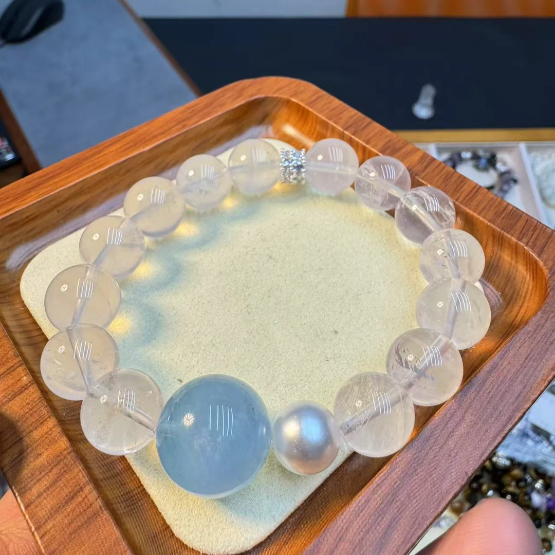 莫桑比克星光粉水晶海蓝宝手串 多样性发其一