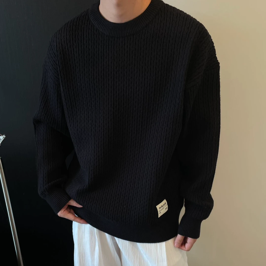 1136立体扭花工艺圆领男士套头针织衫2024冬季新款美式慵懒风