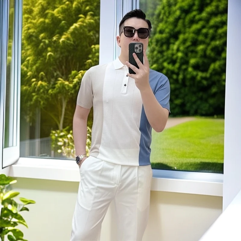 娜罗普西男士polo衫夏季新款时尚修身个性拼色百搭冰丝短袖T恤