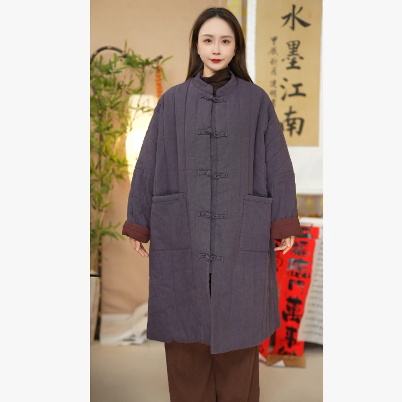 水墨江南-【江枫】新中式盘扣长款棉服女秋冬宽松茶服加厚外套7288