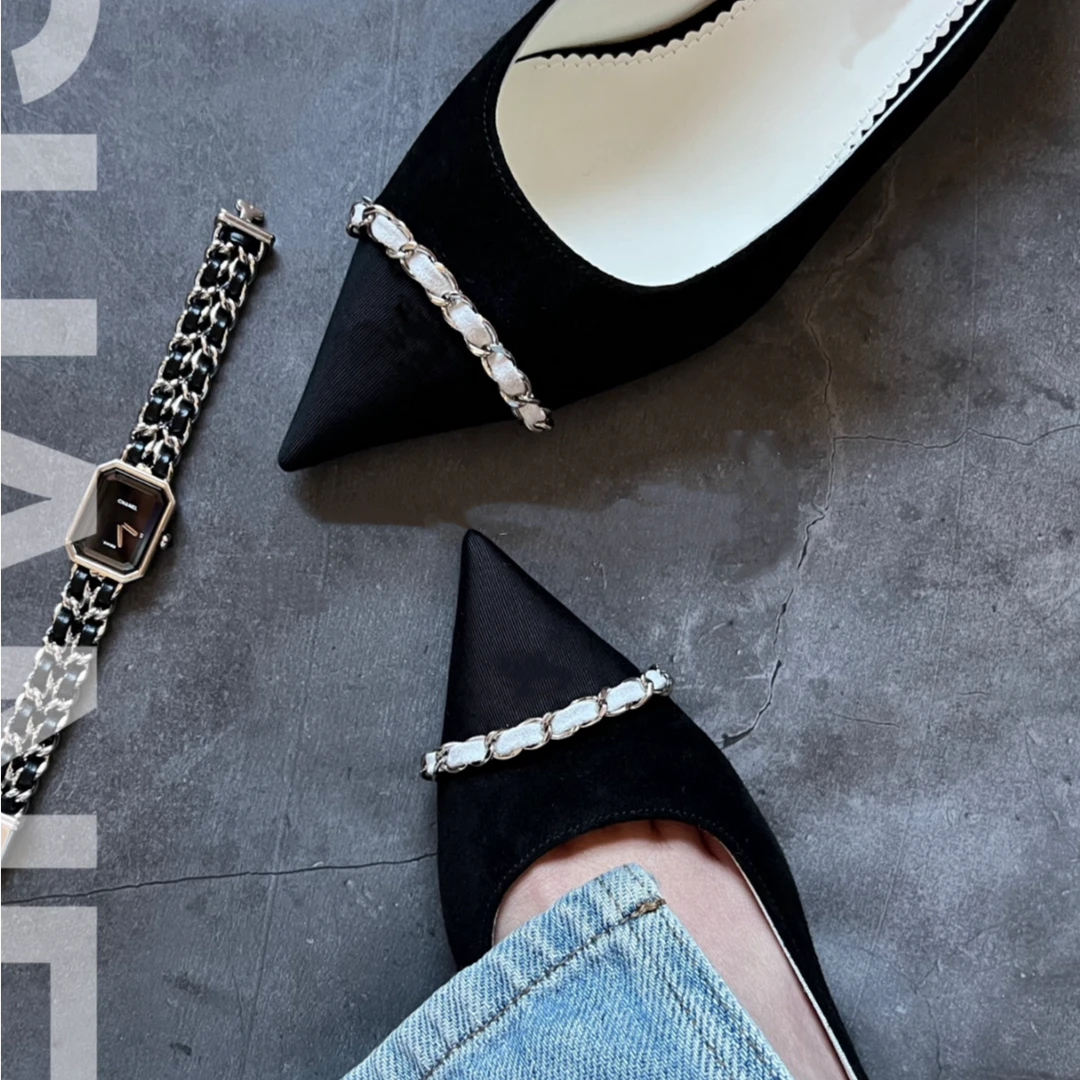 2025秋冬新款小香风链条平底内增高绒面浅口舒适尖头不累脚女单鞋