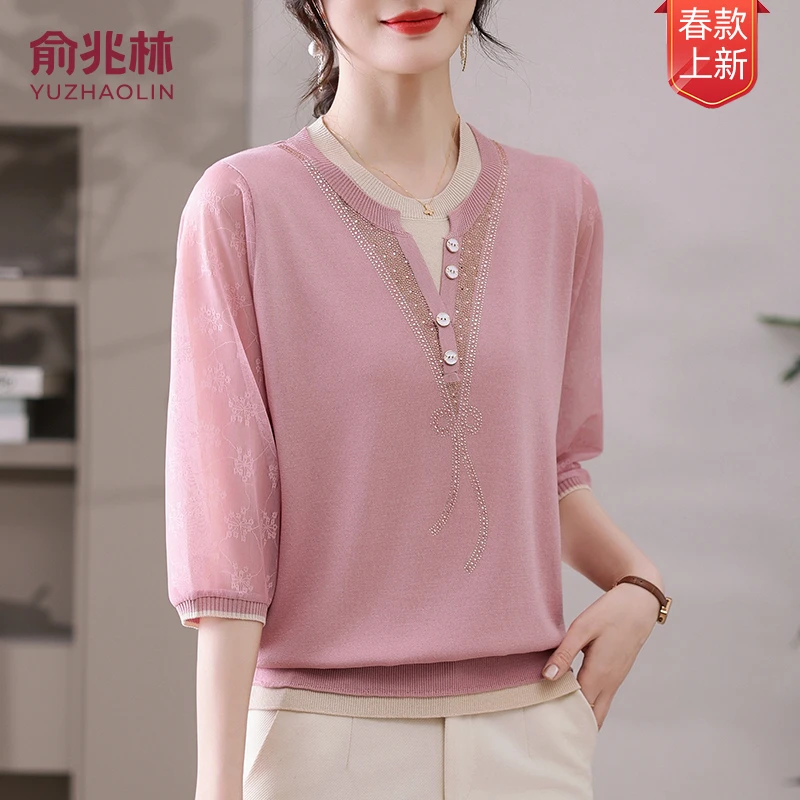 俞兆林25年春夏新款洋气时尚减龄显瘦假两件针织上衣中老年妈妈装