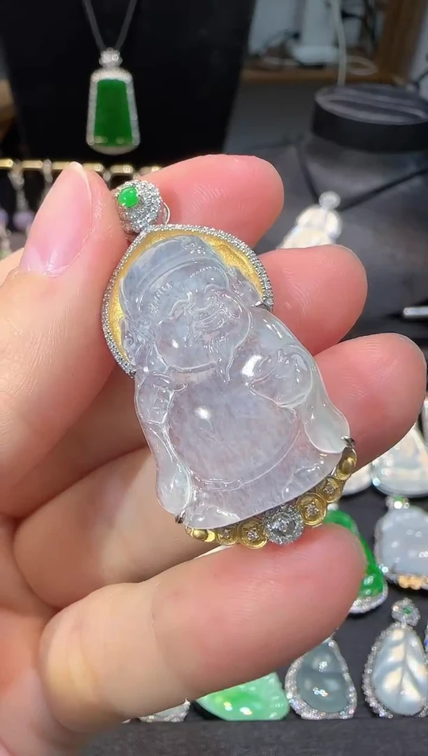 【闪购商品】翡翠吊坠(不含链)18K金镶嵌高冰雪花绵财神吊坠