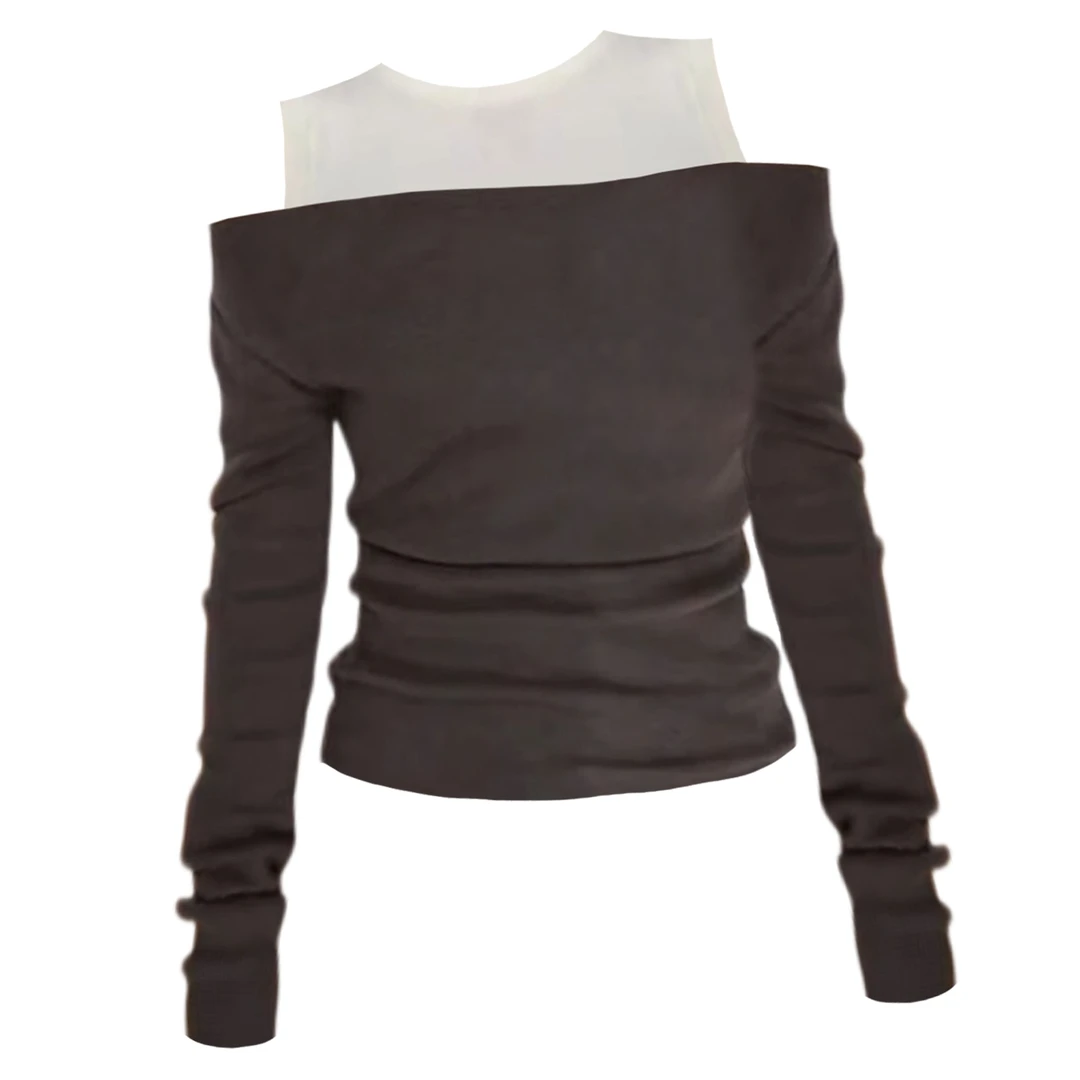 大码胖妹妹欧若风法式撞色露肩针织收腰上衣女秋季设计感显瘦上衣