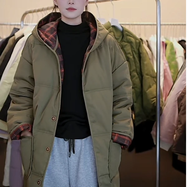 女装棉服长款复古连帽中长款拼接宽松
