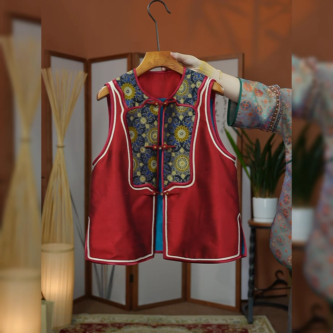 云娘原创【新品】100%桑蚕丝老料宋锦秋冬民族风绣花大气马甲
