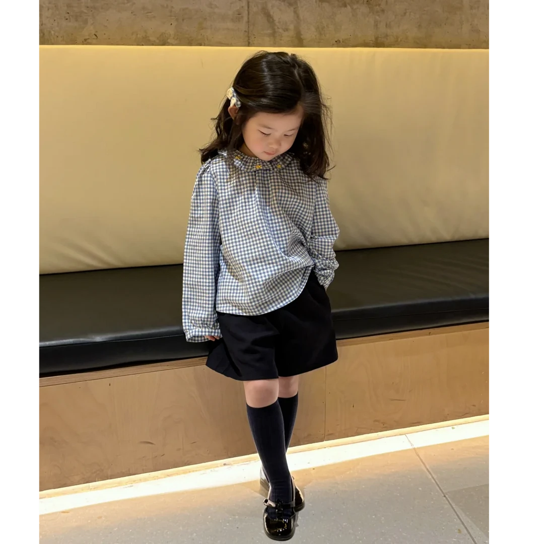 现货】壹妈品质童装秋冬女宝套装洋气儿童时髦格子衬衫藏蓝色短裤