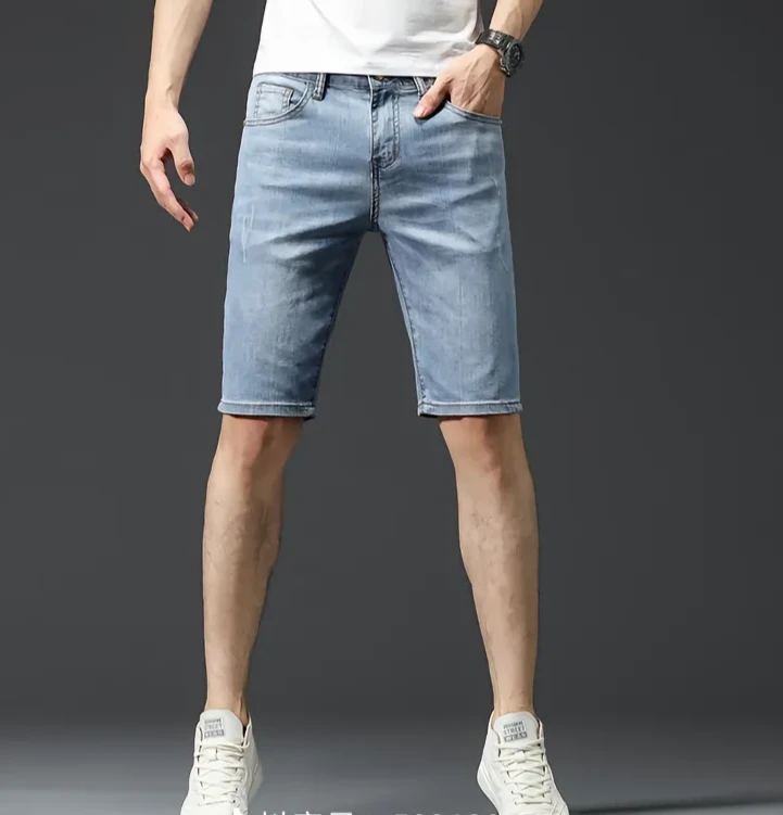2025夏季牛仔短裤男高端美人头薄款休闲弹力五分裤浅蓝潮流中裤