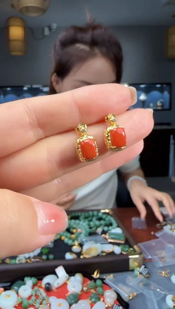 南红玛瑙银S925镶嵌耳饰1